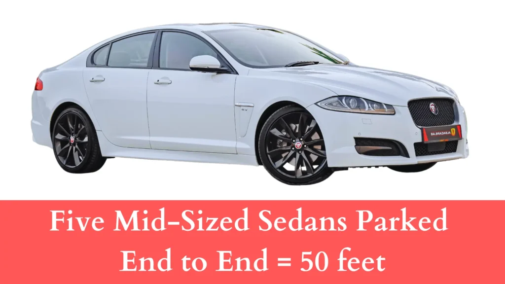 Five Mid-Sized Sedans Parked End to End 50 feet