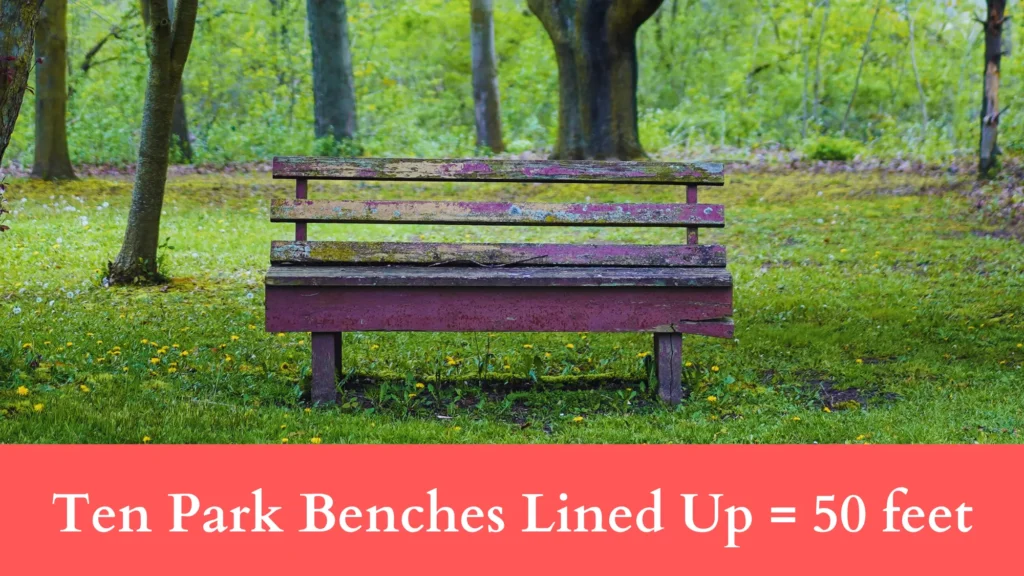 Ten Park Benches Lined Up equal 50 feet